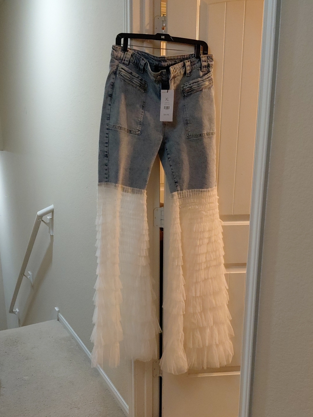 AKIRA Light Blue Denim Flare Jeans with White Tiered Tulle Panels